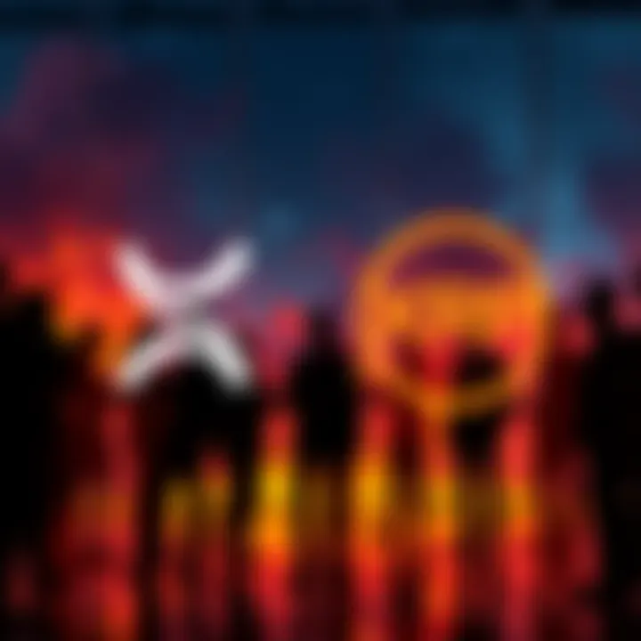 A vibrant graphic showing Solana's logo and XRP's logo with a silhouette of people talking in the background, reflecting excitement and speculation.