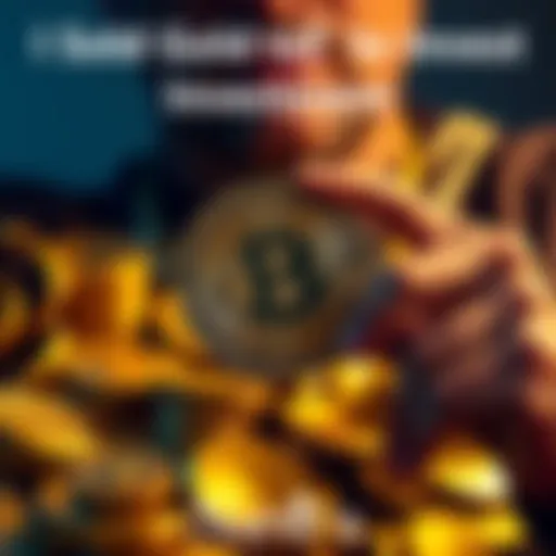 A person holding a Bitcoin symbol while surrounded by gold coins and jewelry, representing a financial shift from physical gold to cryptocurrency.