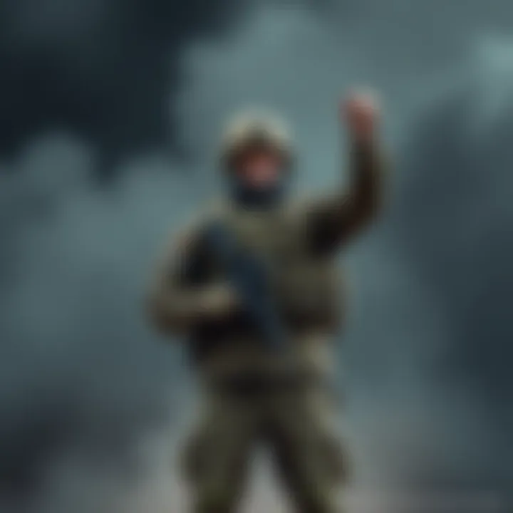 A soldier stands firmly with a raised fist, symbolizing courage and resistance against unfair orders, wearing military gear and a serious expression.