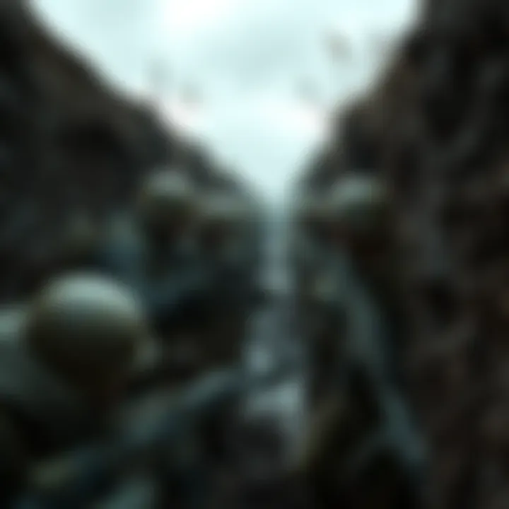 Soldiers taking cover in muddy trenches with equipment around them