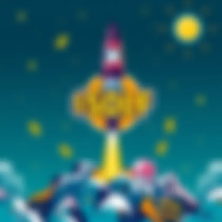 Colorful illustration promoting Solfart ($SOLF) memecoin with a graphic of a rocket launching and dollar signs around it, indicating growth in the market.