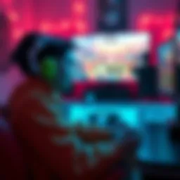 A person playing a video game alone, focused on the screen with a console and headset, surrounded by a cozy gaming setup.