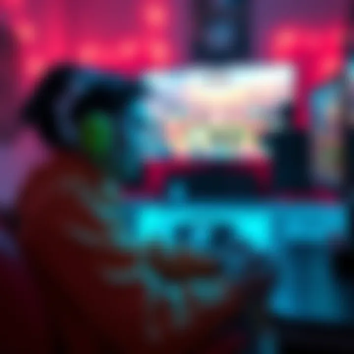 Solo Gamer A person playing a video game alone, focused on the screen with a console and headset, surrounded by a cozy gaming setup.