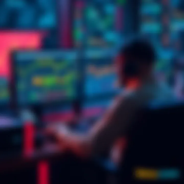 A person sitting in front of a computer, searching for working URLs for solo bitcoin mining, with charts and graphs displayed on the screen.