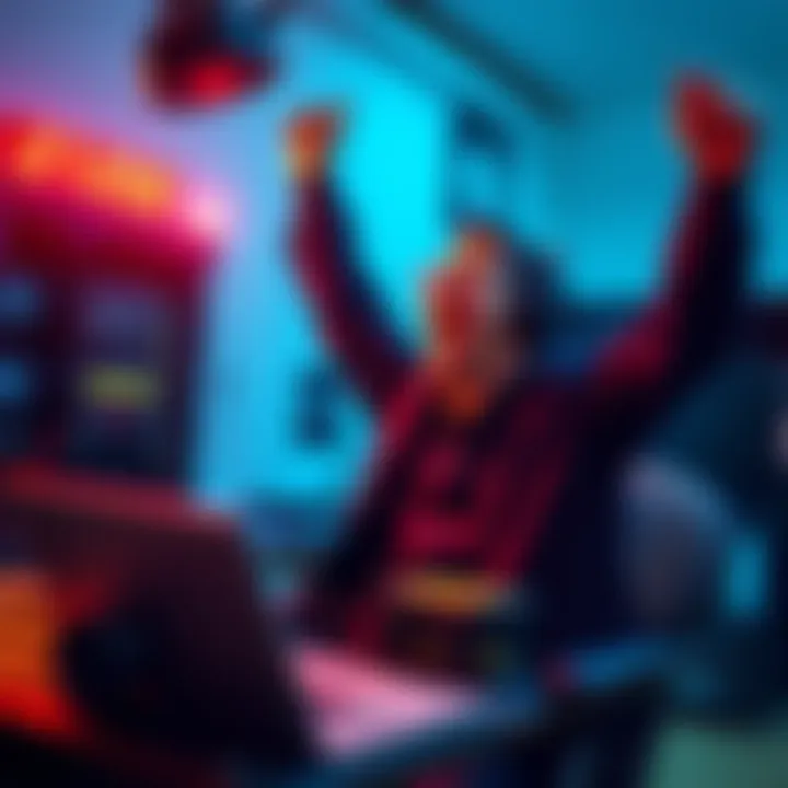 A solo Bitcoin miner celebrating after turning a small investment into a large profit, with a laptop and mining equipment visible in the background