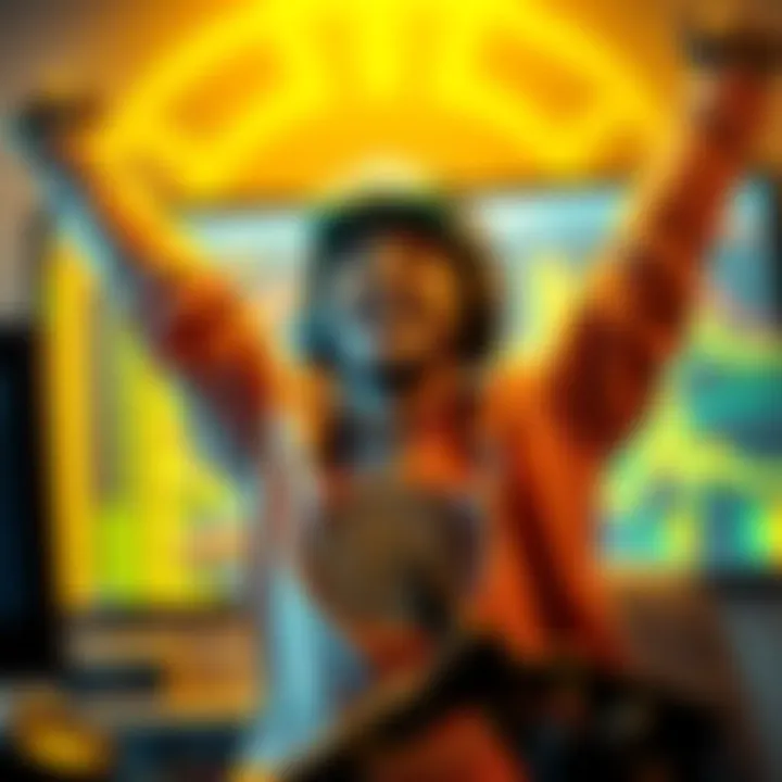 A solo miner joyfully celebrating after successfully discovering a Bitcoin block, with a glowing computer screen in the background.