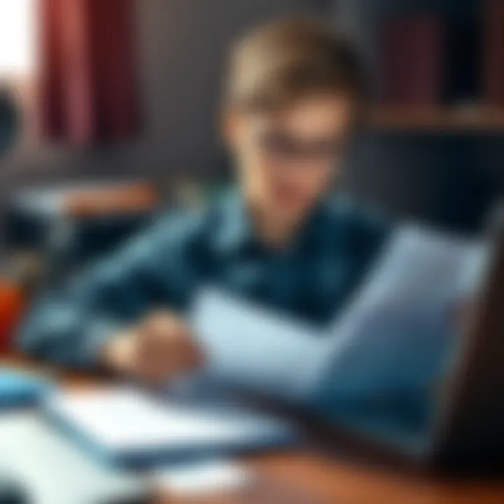 A young man sitting at a desk, looking at his father's Bitcoin ledger and papers, contemplating inheritance, with a thoughtful expression.