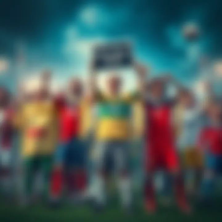 A group of old school Sorare players uniting, holding banners against FIFA and Messi, with soccer elements in the background.