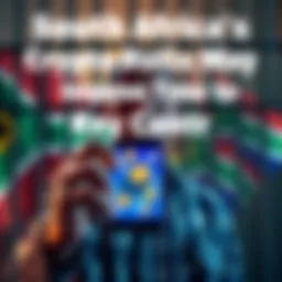 A worried individual holding a smartphone displaying cryptocurrency symbols, with a backdrop of South African flags and prison bars to symbolize the new proposed rules
