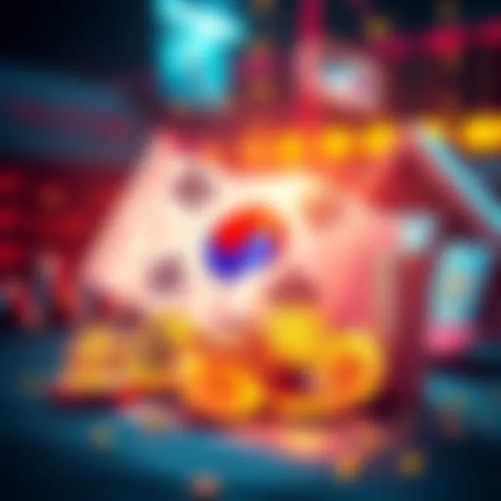 South Korea Crypto Trading A vibrant graphic showing cryptocurrency symbols and the South Korean flag, symbolizing South Korea's leading role in global crypto trading.