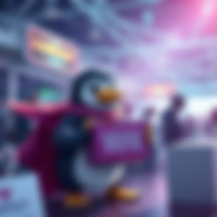 A cartoon penguin wearing a superhero cape holds a donation box while people participate in a charity vote in a vibrant setting.