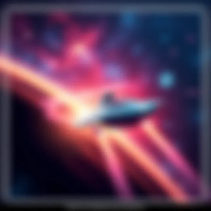 A futuristic spaceship zooming across a starry sky with vibrant galaxies in the background