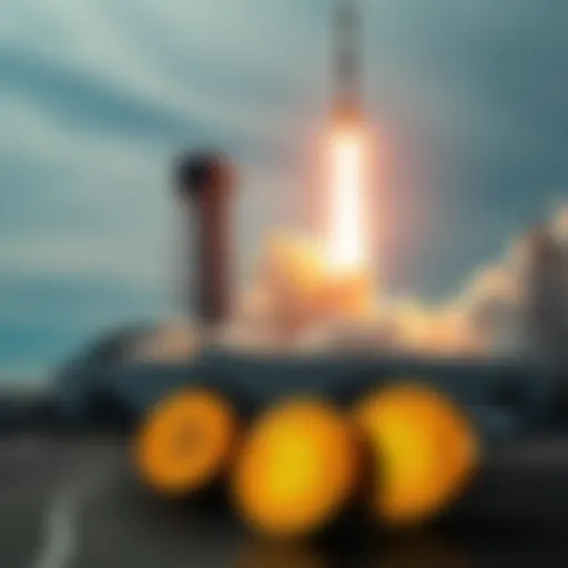 A graphic showing a SpaceX rocket launch with Bitcoin symbols in the foreground, illustrating the connection between SpaceX's IPO and Bitcoin's potential price change.
