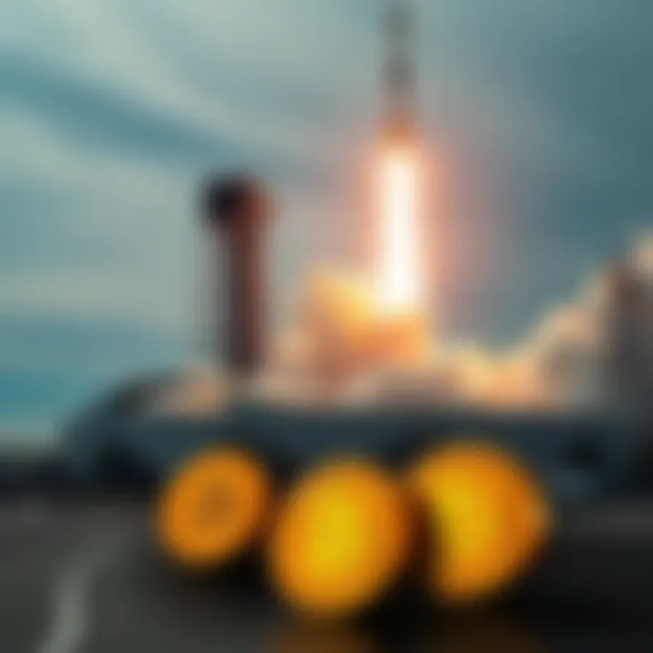 A graphic showing a SpaceX rocket launch with Bitcoin symbols in the foreground, illustrating the connection between SpaceX's IPO and Bitcoin's potential price change.