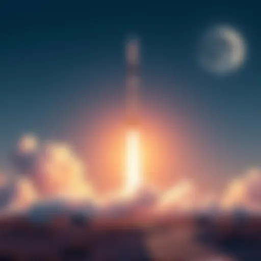 A SpaceX rocket with a Dogecoin symbol preparing for launch towards the Moon.