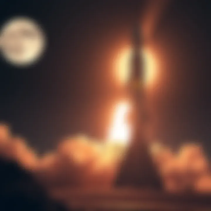 A SpaceX rocket with a Dogecoin symbol is ready for launch towards the moon, surrounded by stars and a bright moon in the background.