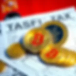 A graphic showing coins and tax forms representing the 47% tax on cryptocurrency gains in Spain.