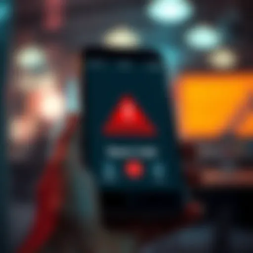 A smartphone screen displaying a red warning sign about spam calls, indicating danger and caution for men.