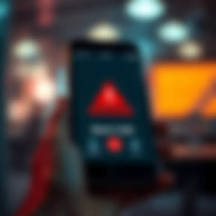 A smartphone screen displaying a red warning sign about spam calls, indicating danger and caution for men.