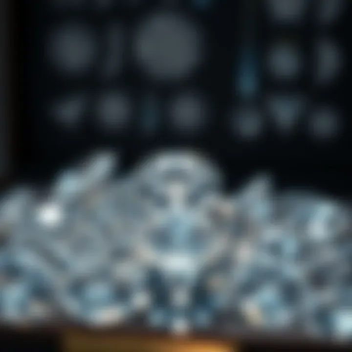 A close-up view of various diamonds in different cuts arranged neatly in a display box.