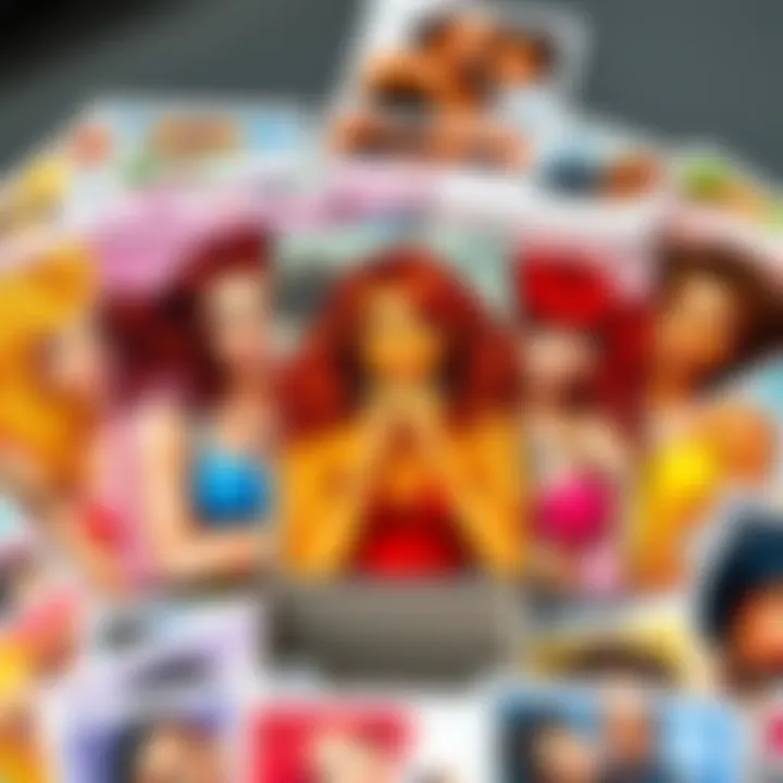 A colorful display of Spice Girls trading cards showing different characters from the 90s music group