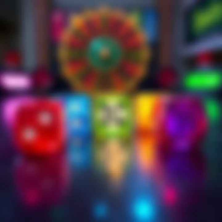 Five colorful dice showing different numbers from spins laid out on a table