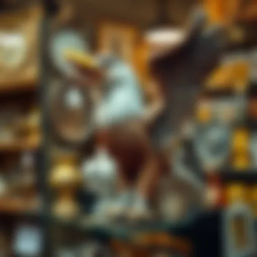 A unique spitting eagle statue displayed on a shelf in an antique store, with a price tag of $300. The eagle is intricately designed, capturing attention with its distinct features.