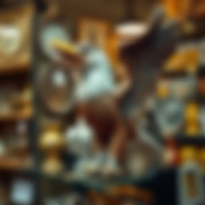 A unique spitting eagle statue displayed on a shelf in an antique store, with a price tag of $300. The eagle is intricately designed, capturing attention with its distinct features.