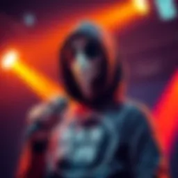 Spoonkid wearing a shirt featuring Death Grips logo, holding a microphone, with a bright background.