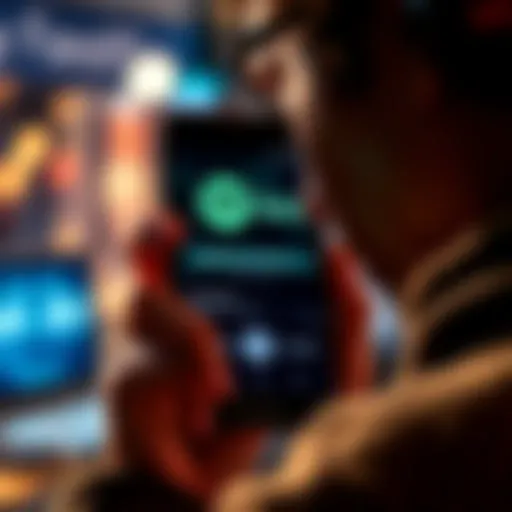 A person listening to Spotify on an Android phone while ads play, looking frustrated with the app pausing during advertisements.