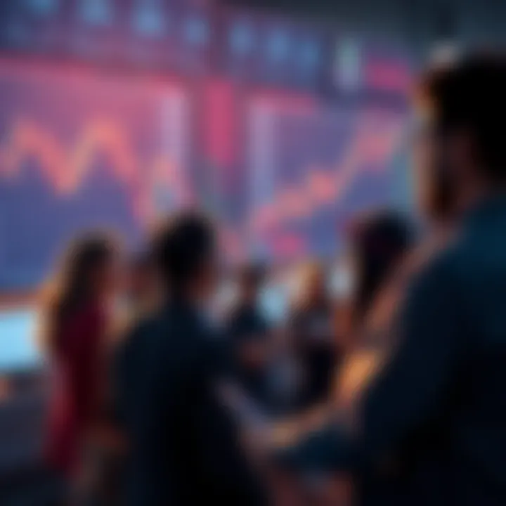 A group of people discussing stock market trends and community sentiment with charts in the background.