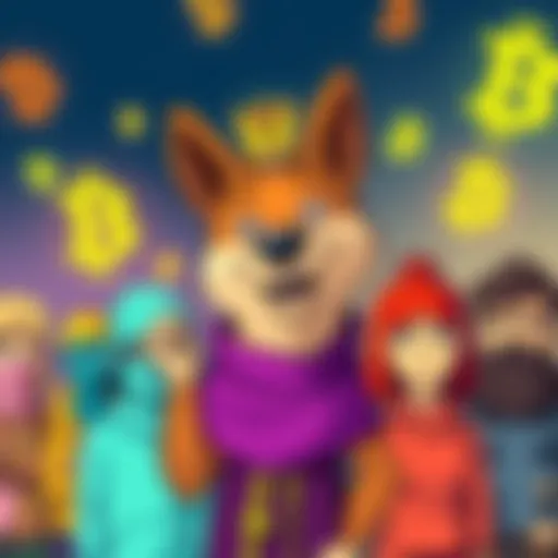 A cartoon dog character, St. FU, offering advice to a group of skeptical people, including trolls and critics, with a playful expression, set against a colorful backdrop featuring DOGE symbols.