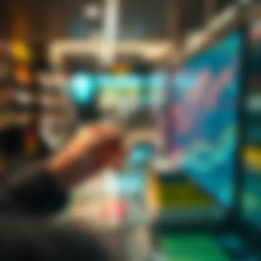 A person using a card to make a stablecoin payment in a store, with digital assets displayed on a screen in the background.