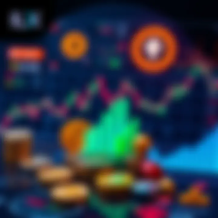 A graphic showing stablecoin yields with a lending pool concept, featuring charts and symbols of coins and finance.