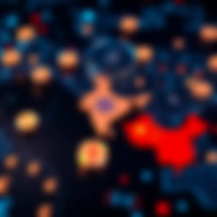 A visual representation of global stablecoins with currency symbols, featuring a map showing India and China, illustrating the boost in cryptocurrency adoption and easy conversions.