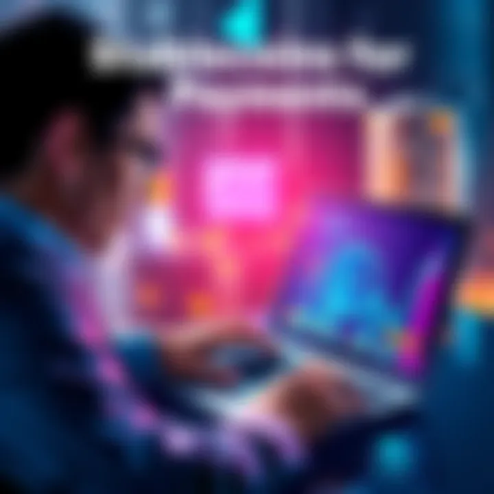 A businessman reviewing stablecoin transactions on a laptop, with a graph showing international payments and USDC symbol on the screen.