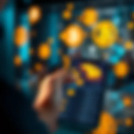 A person making a digital transaction using stablecoins on a smartphone with cryptocurrency symbols in the background