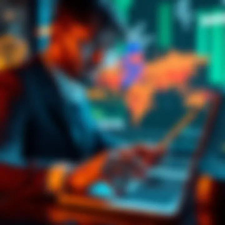 Stablecoins for International Payments A business person reviewing stablecoin options for making payments to contractors abroad, with a laptop and digital currency graphics