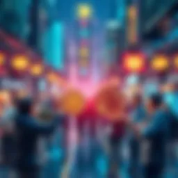 A digital representation of stablecoins facilitating fast online transactions, showing people exchanging money across borders instantly.