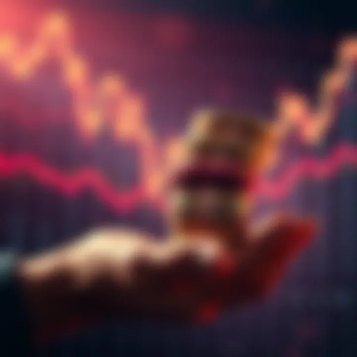 A person holding a stack of coins with a graph showing upward trend in the background
