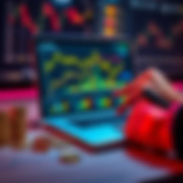 A person analyzing graphs and charts on a laptop screen, focusing on cryptocurrency staking returns, with coins and charts on the table.