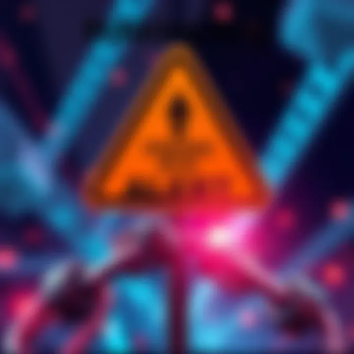 A warning sign indicating a critical bug in staking processes, emphasizing issues with scalability from 50 users to 5,000, featuring a broken chain link symbolizing the failure in reward distribution.