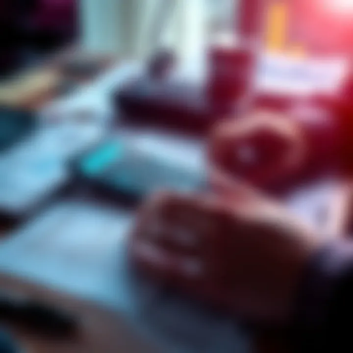 A person calculating taxes on undeclared staking income at a desk with a calculator and financial documents.