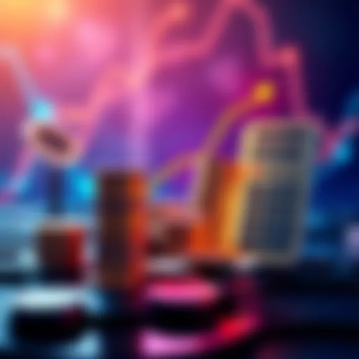 Staking Rewards Illustration A chart showing rising profits from staking cryptocurrency with coins stacked on one side and a calculator on the other