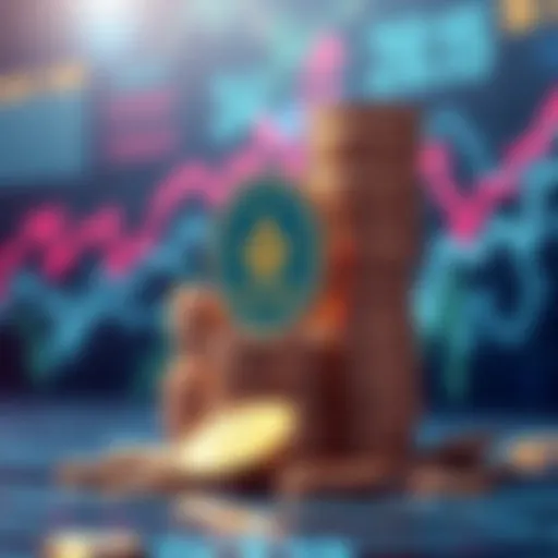 A digital illustration showing Solana coins stacking up, symbolizing rewards from staking during a bear market, with a background representing deflation effects on investments.