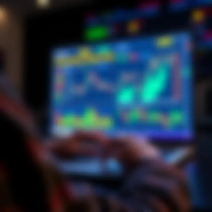 A person using a laptop while analyzing stablecoin staking options on a user board, with financial graphs and charts displayed on the screen.