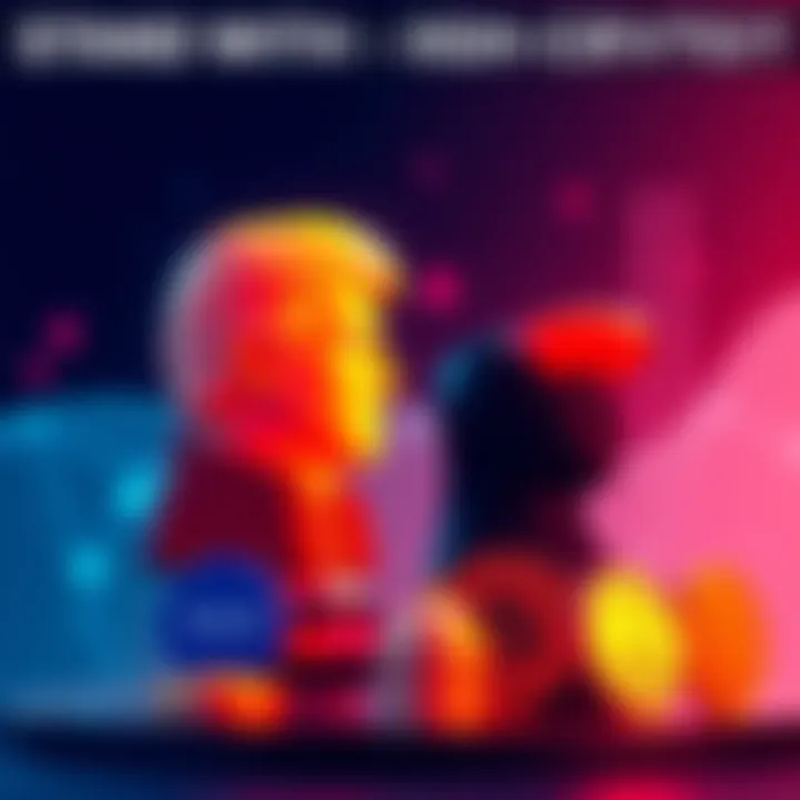 Graphic showing political candidates' symbols with digital currency icons representing evaluation on cryptocurrency positions.