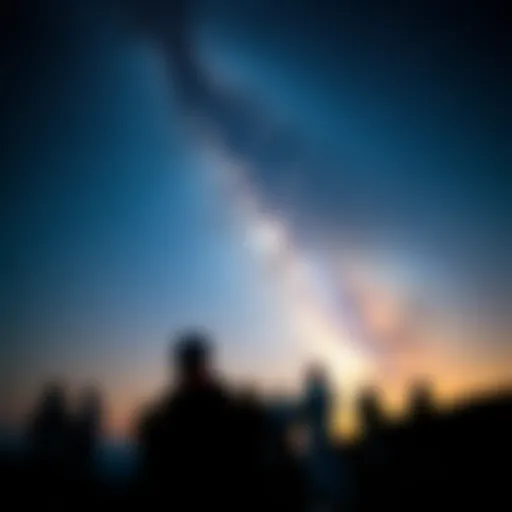 A group of people stargazing under a clear night sky filled with stars and constellations.