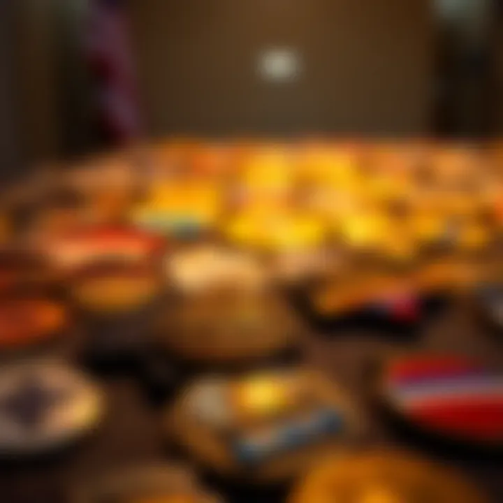 A display of various state badges on a table, showcasing different designs and colors, hinting at unique locations.