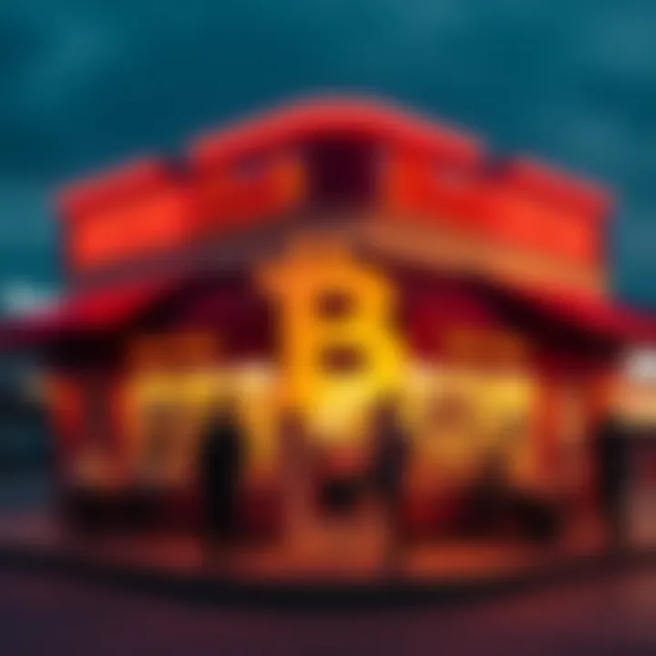 A Steak 'n Shake restaurant featuring a Bitcoin symbol to represent their new payment option, with customers enjoying burgers and shakes outside.